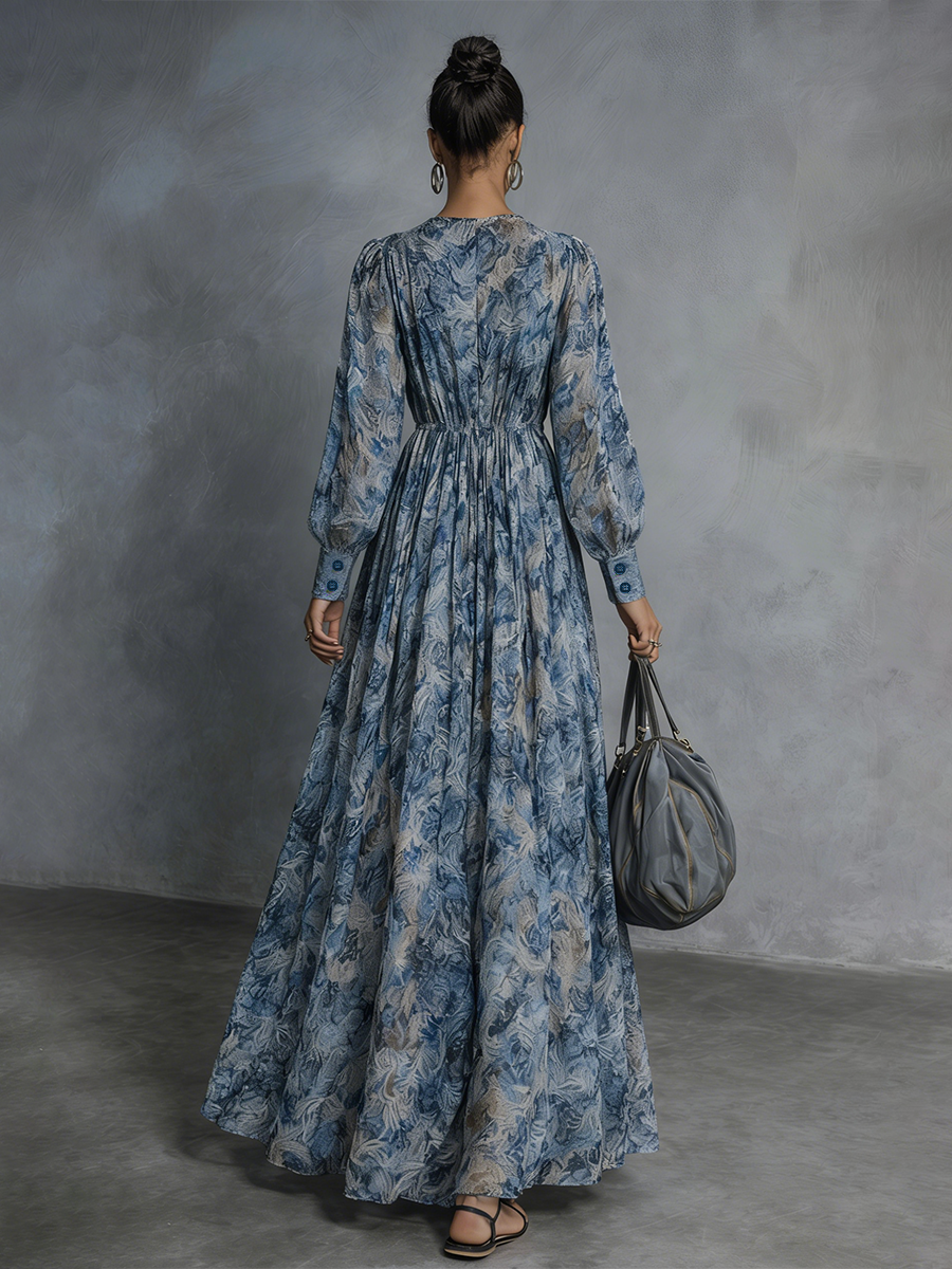 Robe maxi en chiffon avec imprimé floral bleu de style bohémien pour femme avec décolleté en V et manches lanternes