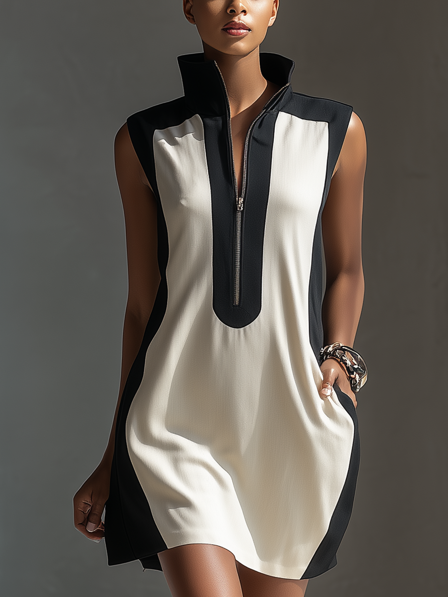 Robe Mini Bicolore Noir & Blanc pour Femme avec Col Haut et Détail à Mi-Zip