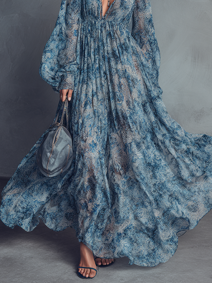 Robe maxi en chiffon avec imprimé floral bleu de style bohémien pour femme avec décolleté en V et manches lanternes