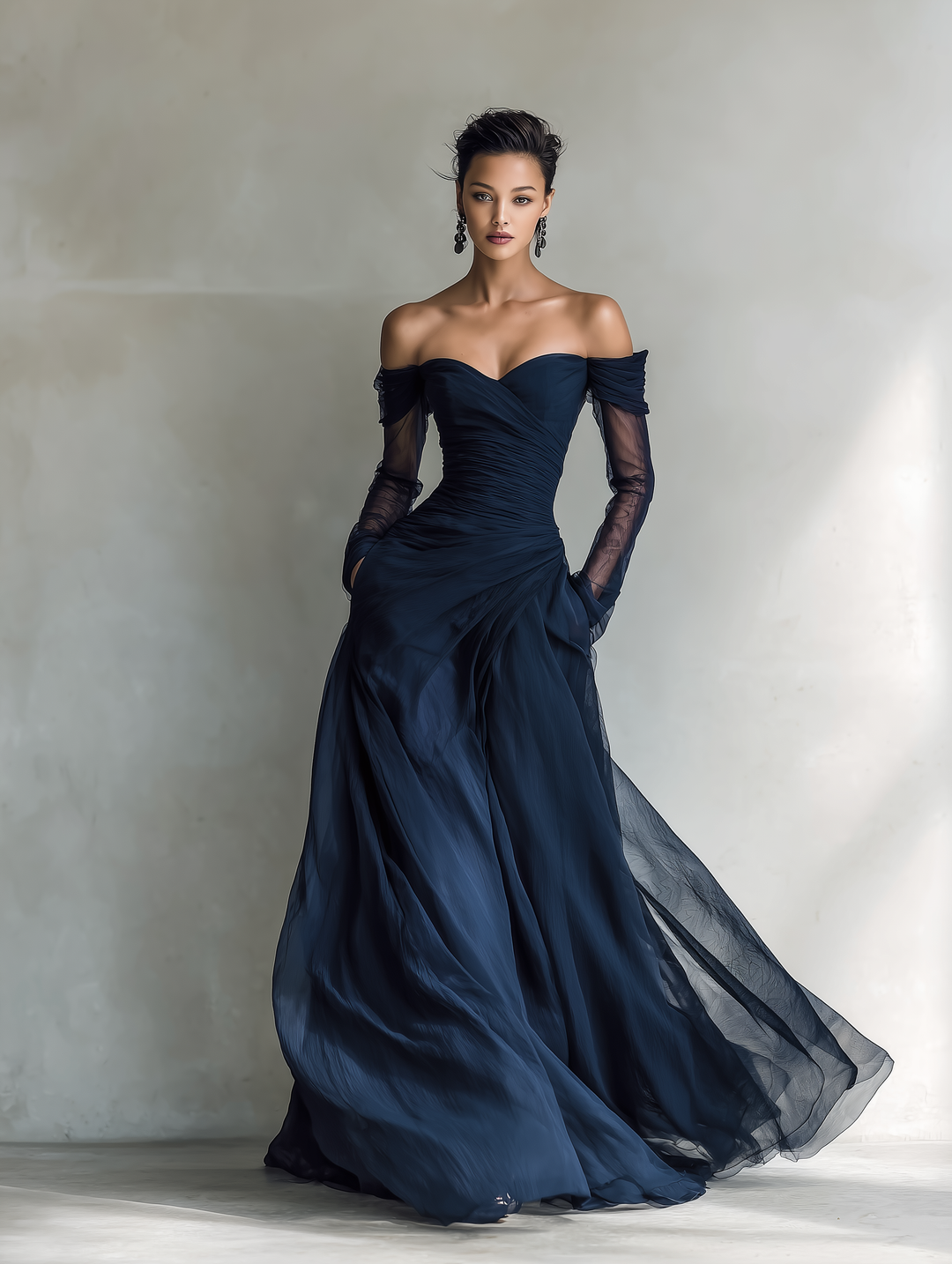 Robe Maxi Élégante en Chiffon Organza Bleu Foncé avec Manches Longues et Épaules Dégagées pour Femmes