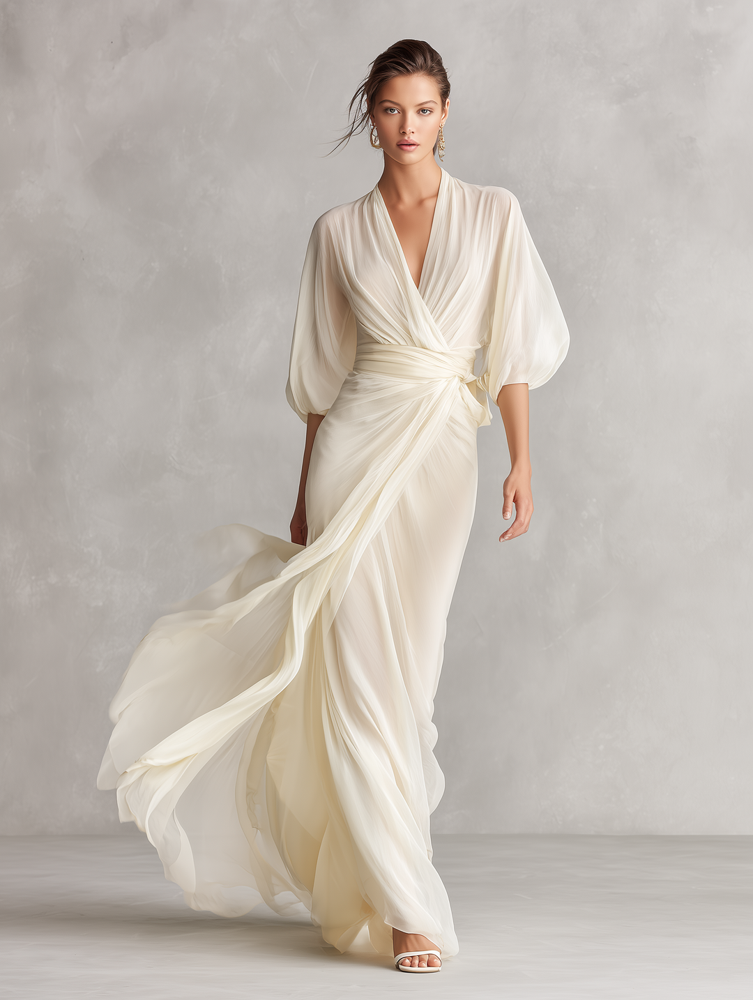 Robe en Chiffon Transparent Ivoire pour Femmes avec Manches Bouffantes et Détail Enveloppant, Robe de Style Romantique-Luxe Intemporelle