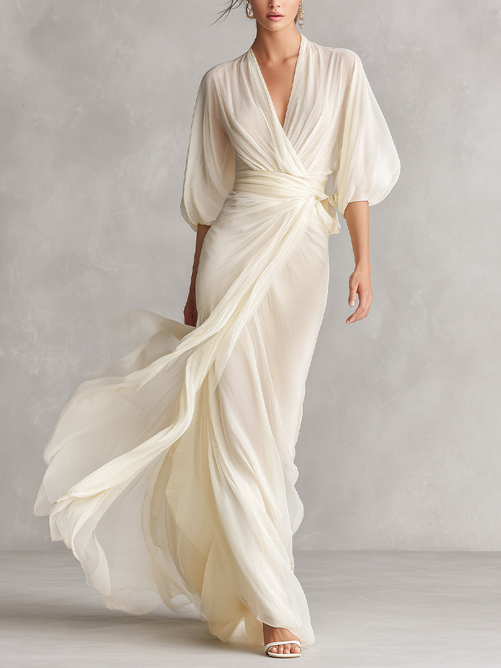 Robe en Chiffon Transparent Ivoire pour Femmes avec Manches Volumineuses et Détail Enveloppant, Robe de Style Romantique-Luxe Intemporelle