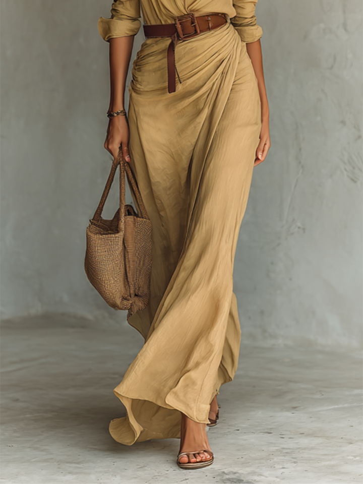 ESSENTIEL - Robe Maxi Longue avec Col Revers et Manches Longues pour Femmes