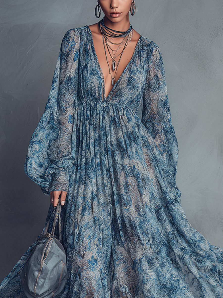 Robe maxi en chiffon avec imprimé floral bleu de style bohémien pour femme avec décolleté en V et manches lanternes