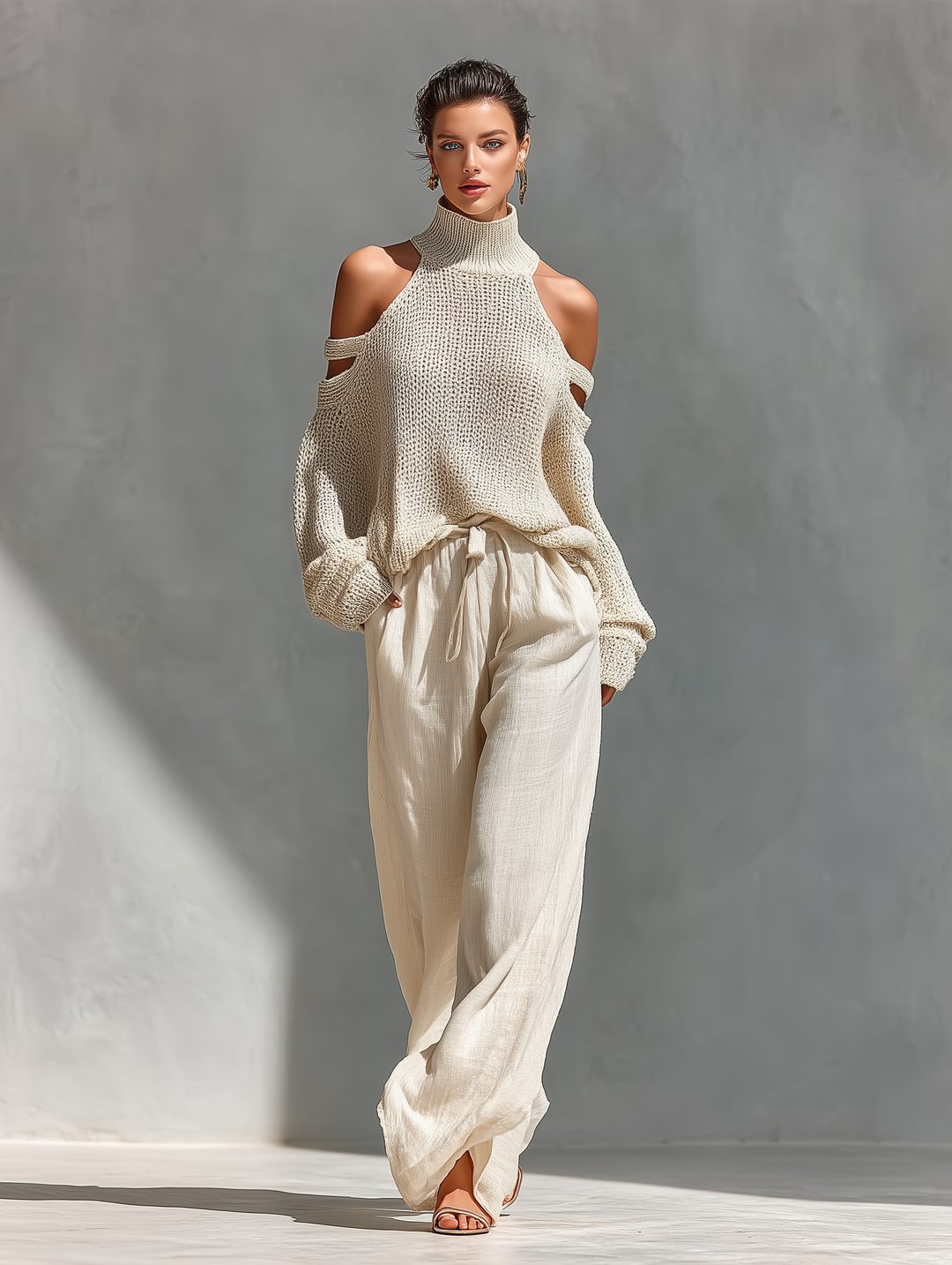Ensemble Haut Col Montant avec Épaules Dénudées en Maille Beige pour Femmes & Pantalons à Jambe Large