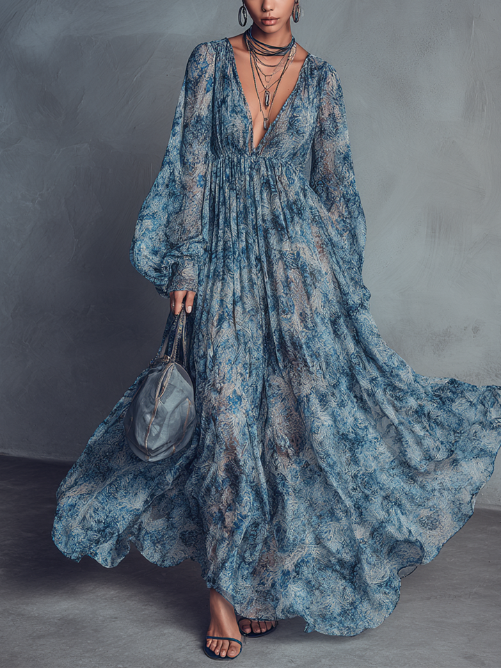 Robe maxi en chiffon avec imprimé floral bleu de style bohémien pour femme avec décolleté en V et manches lanternes