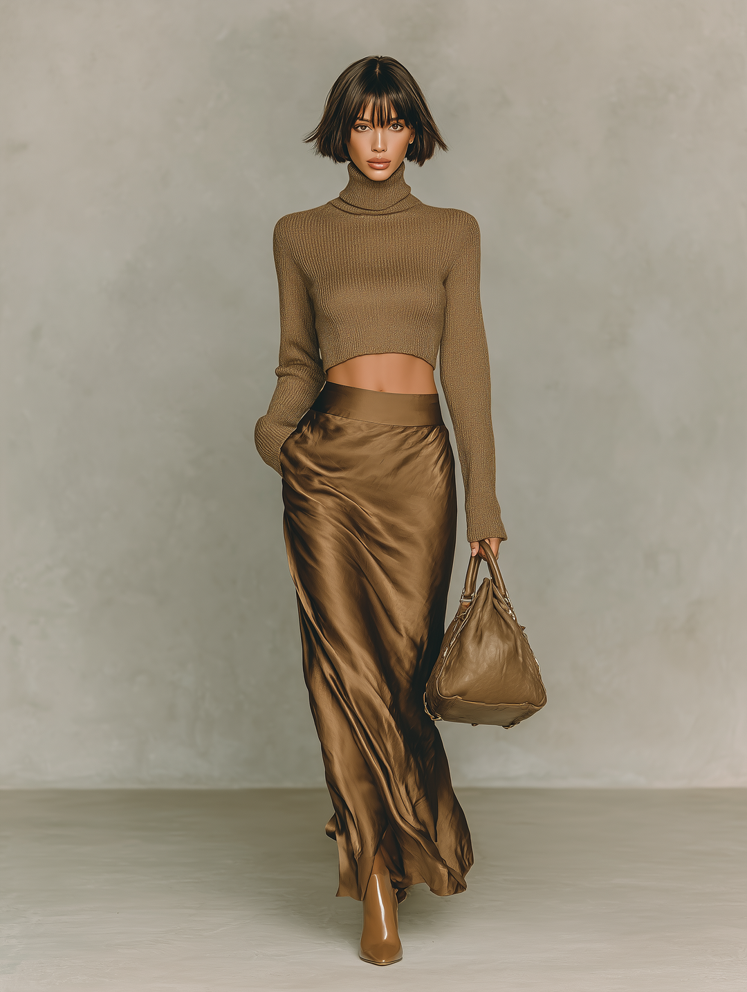Pull à col haut doré-marron pour femmes, à manches longues, associé à une jupe midi en satin