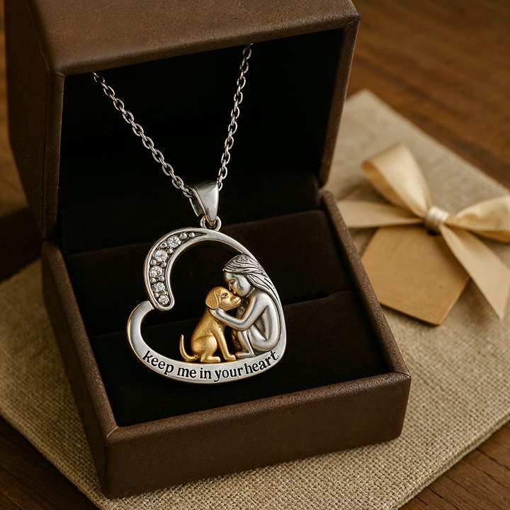 Silver necklace with heart, dog, and zirconia stones