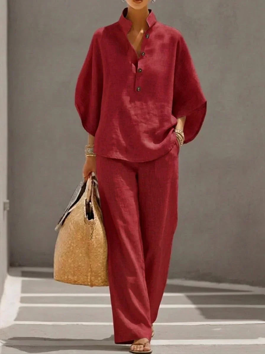 Camille™ | Ensemble en lin avec manches chauve-souris et pantalon large