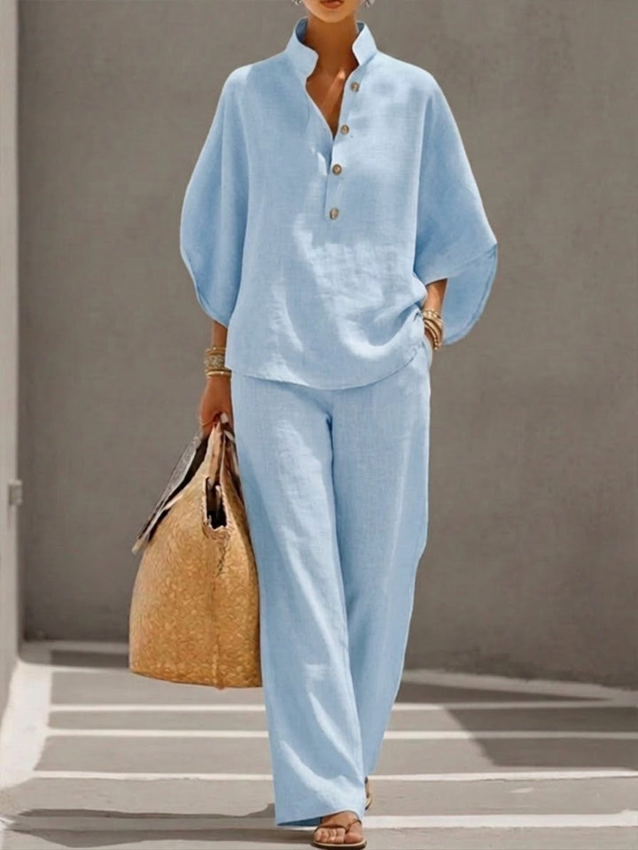 Eszter™ | Ensemble en coton et toile avec manches chauve-souris et pantalon à jambes larges