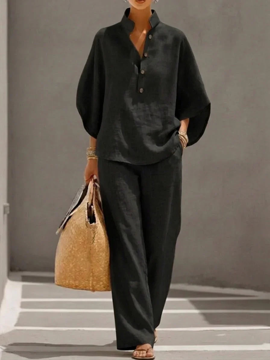 Camille™ | Ensemble en lin avec manches chauve-souris et pantalon large