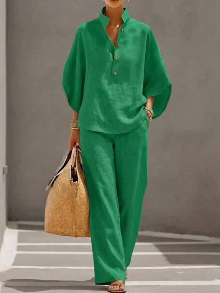 Camille™ | Ensemble en lin avec manches chauve-souris et pantalon large