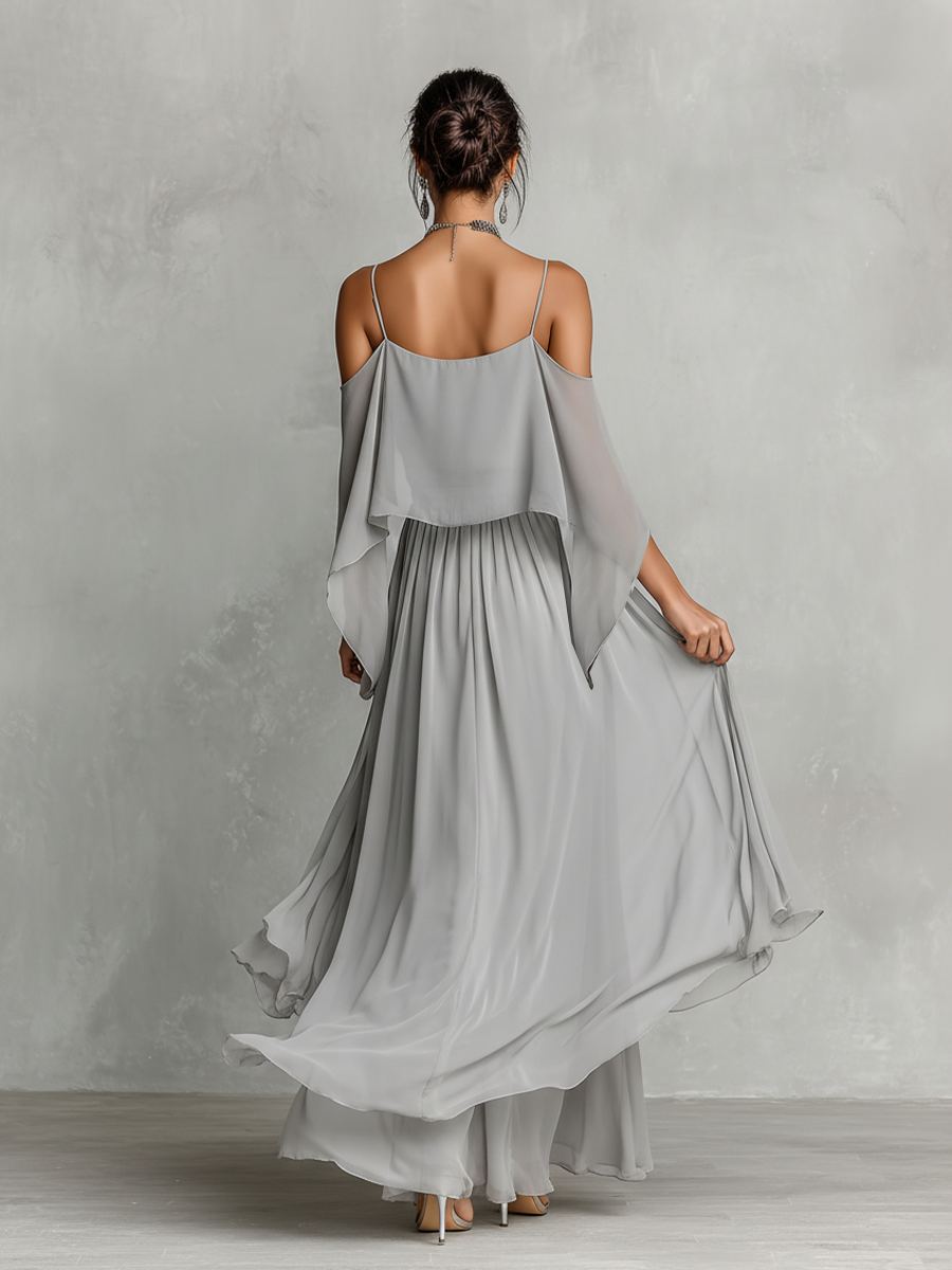 Ensemble en Chiffon Respirant Gris Femme avec Détail Épaules Nues & Silhouette Évasée, Style Contemporain Luxe-Féminin